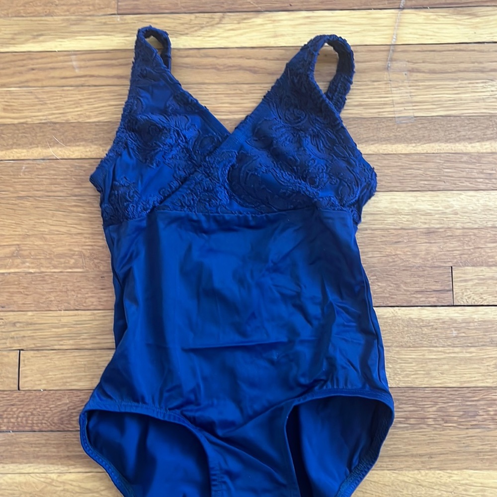Handmade navy leotard with floral detailed top